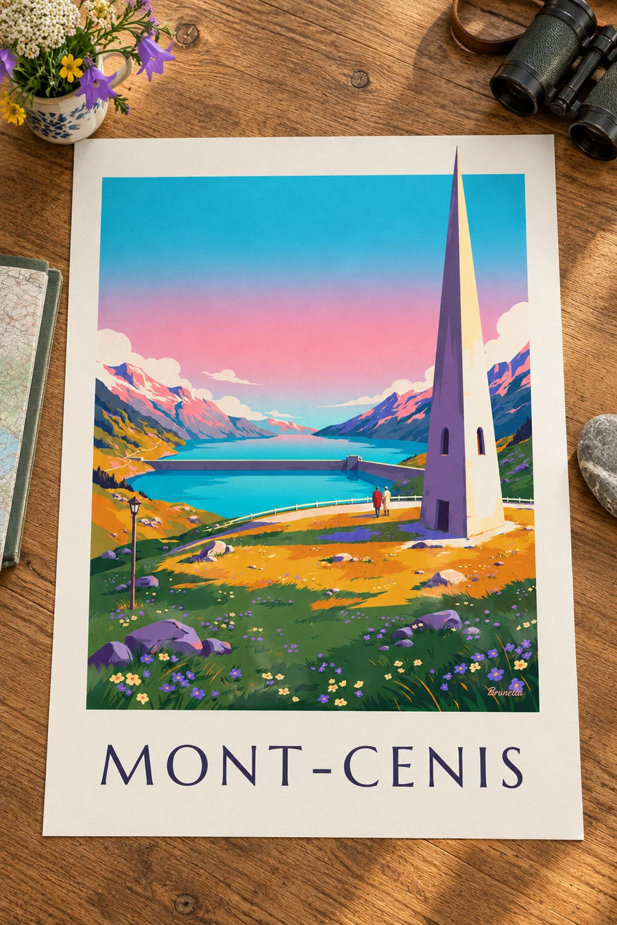 Plakat med søen Lac du Mont-Cenis ved solnedgang: plakaten på et bord