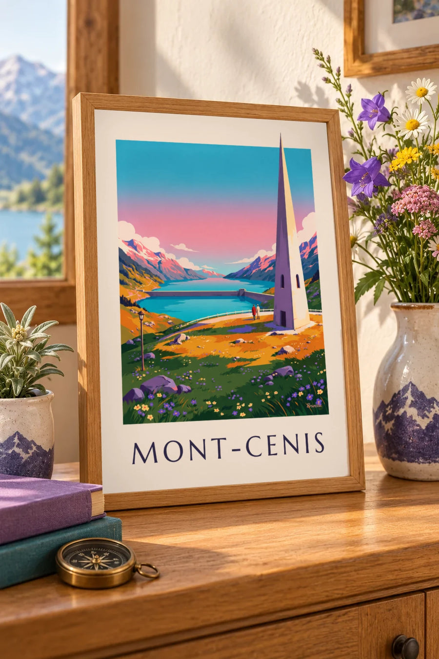 Plakat af søen Mont-Cenis ved solnedgang: lille A4-format med ramme