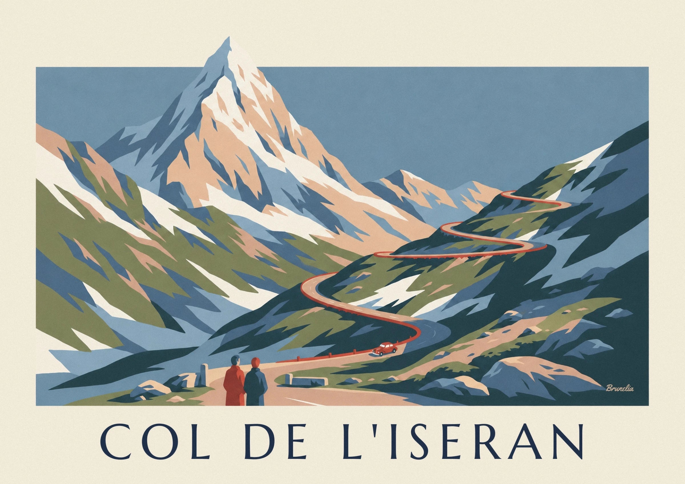 The winding Iseran road between green, blue and snowy slopes