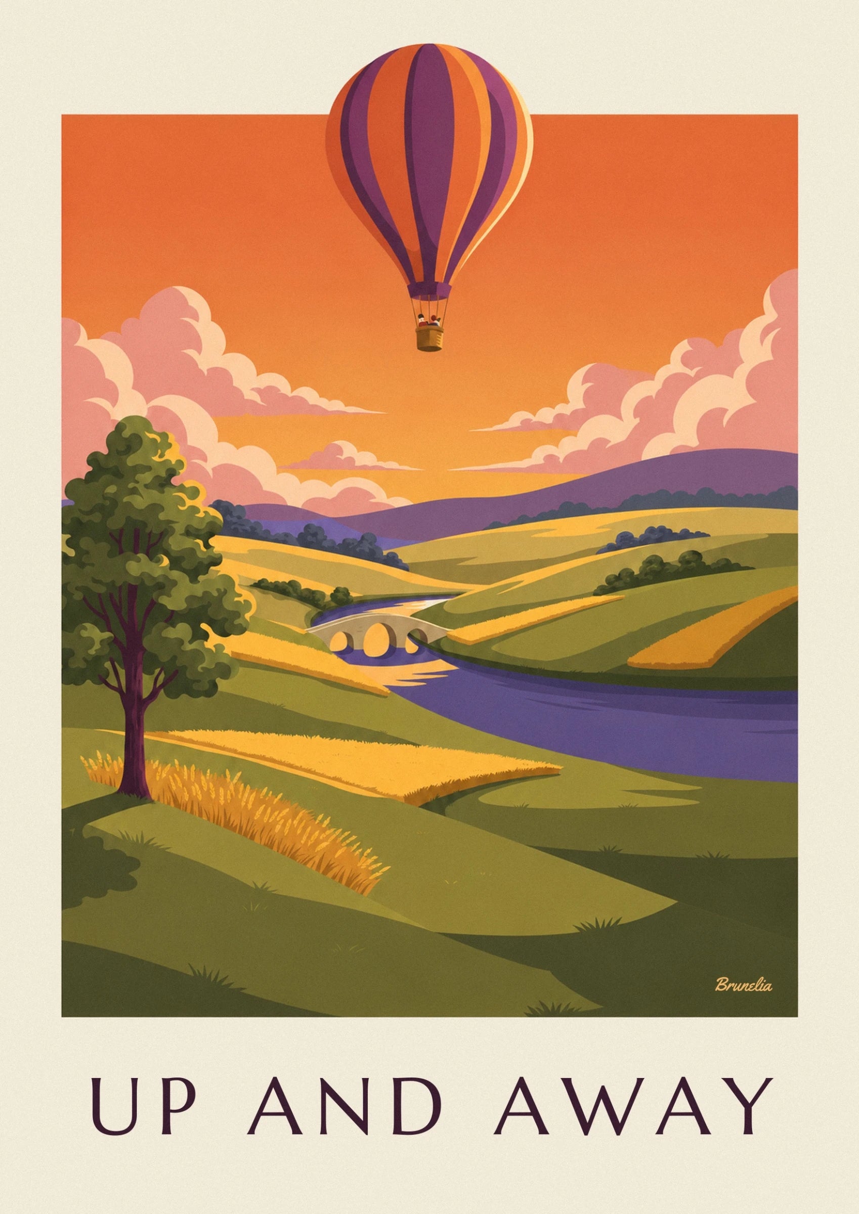 The hot-air balloon with orange and purple stripes and 2 passengers in the basket