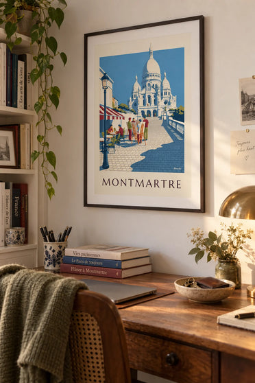 Place du Tertre painters and Sacré-Cœur in Montmartre poster: framed on the wall