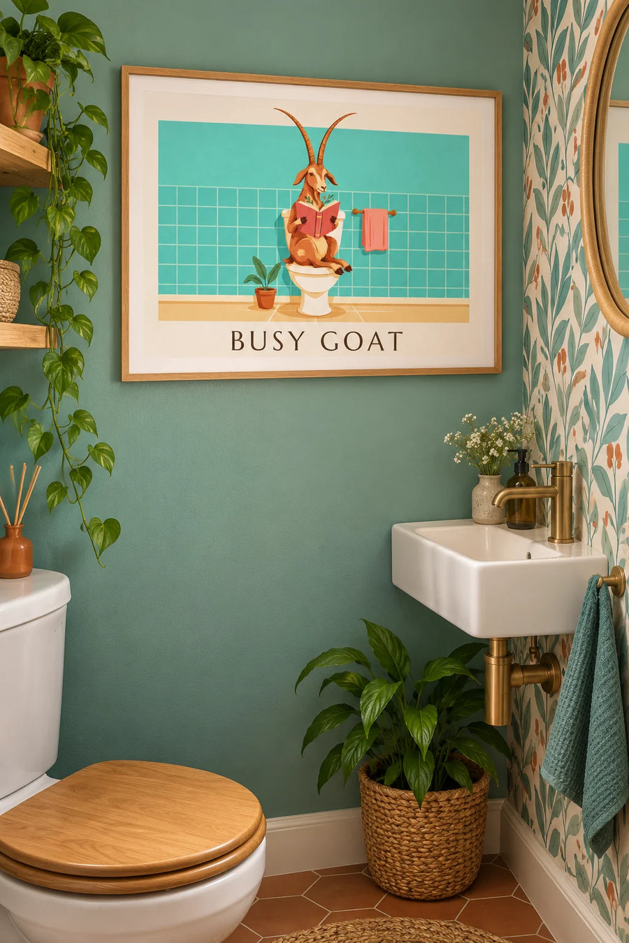 Humoristisk plakat med en ged, der læser på toilettet: indrammet på væggen