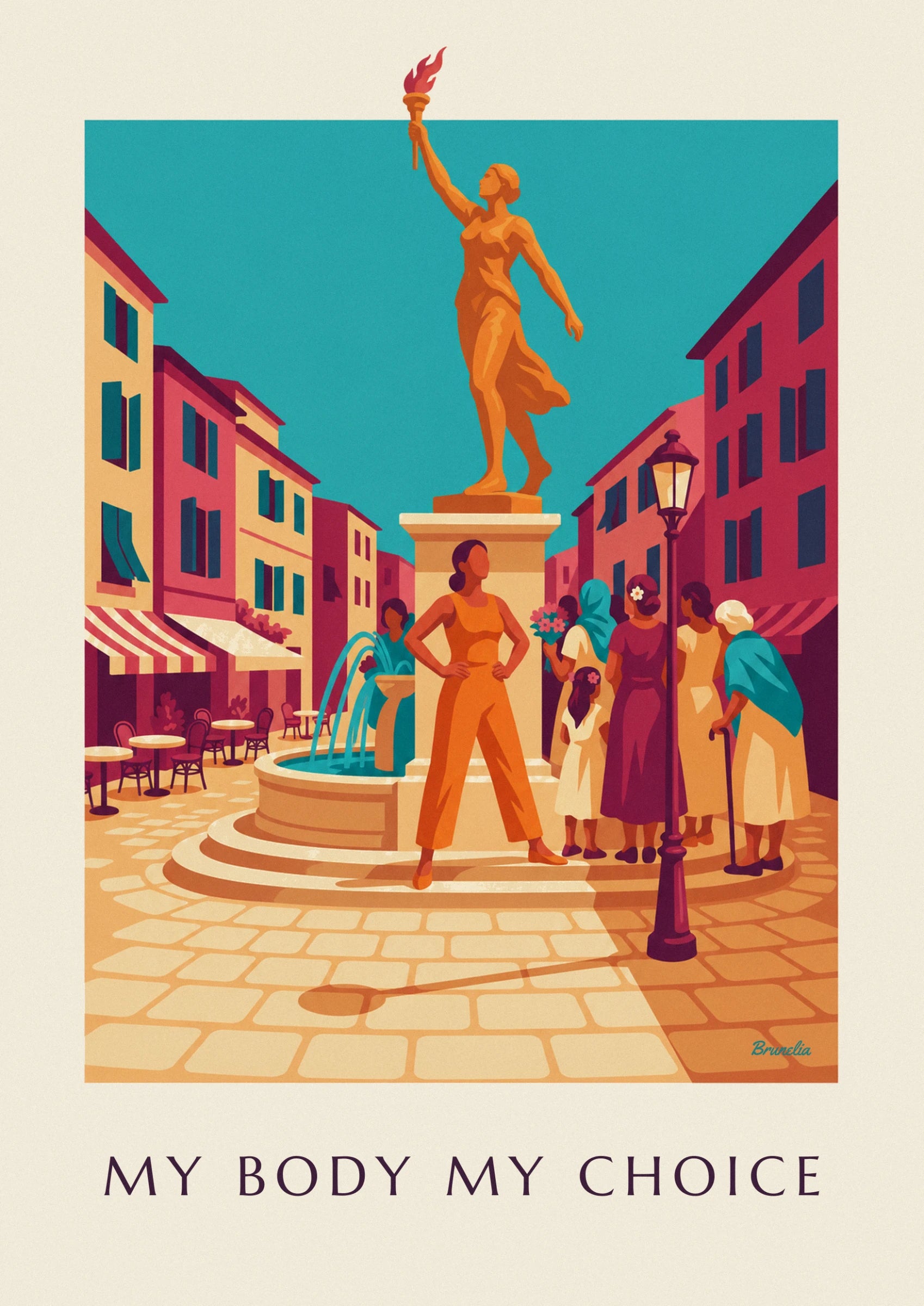 Woman in an orange jumpsuit, fists on her hips, in front of the crowd and fountain