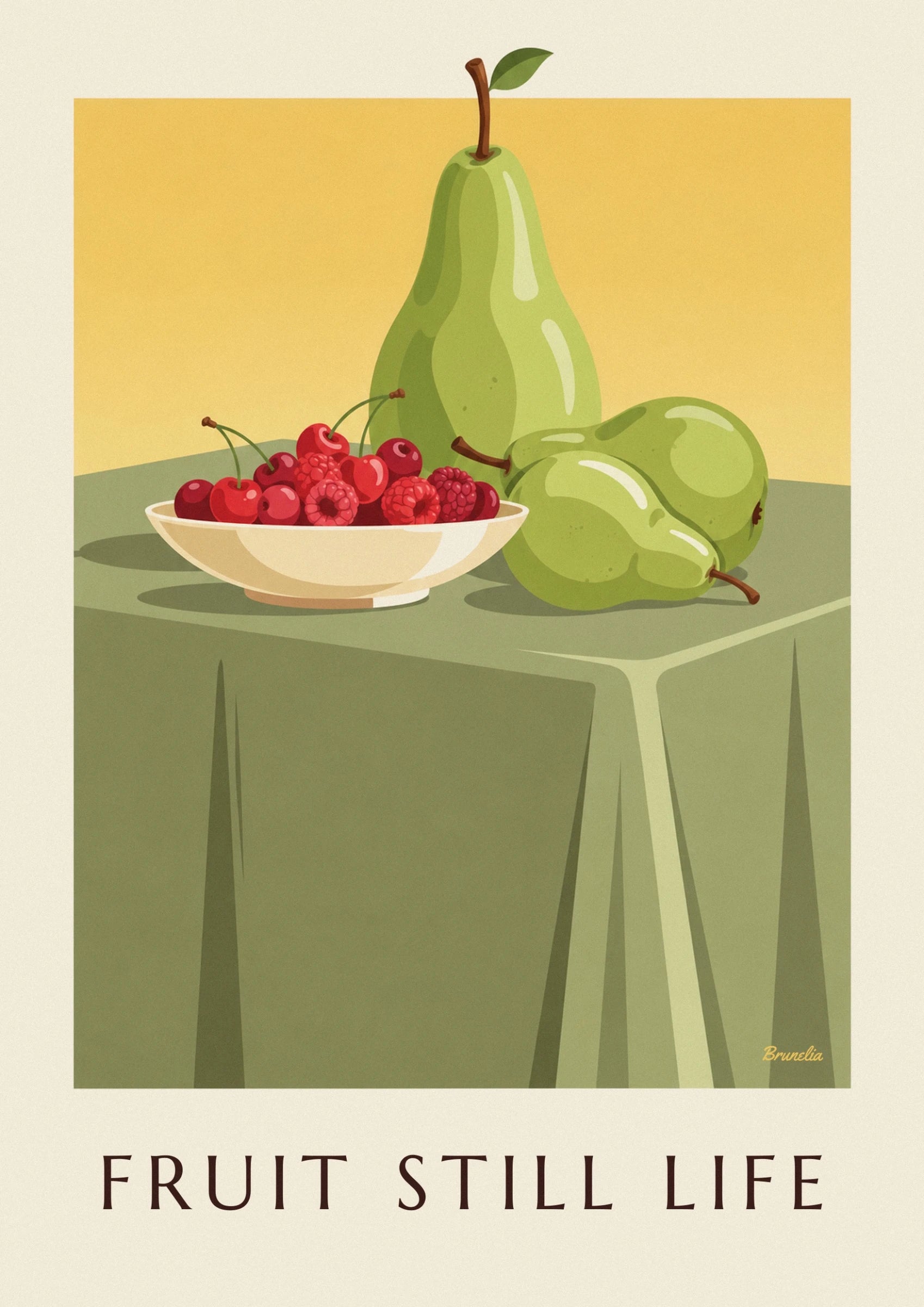 Still life with berry bowl and pears poster: close-up detail