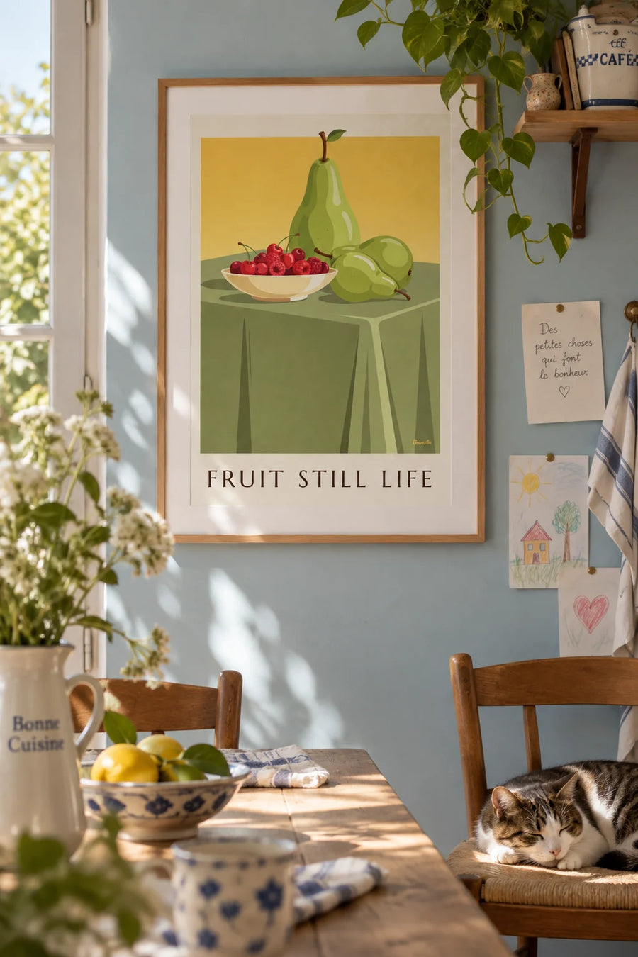Still life poster, bowl of red berries and pears: framed on the wall