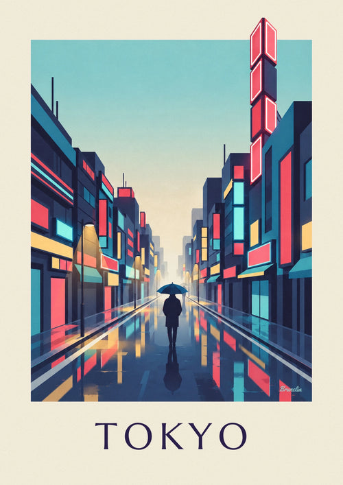 Plakat med regnvejrsnat og neonlys i Shinjuku-kvarteret i Tokyo: hele plakaten