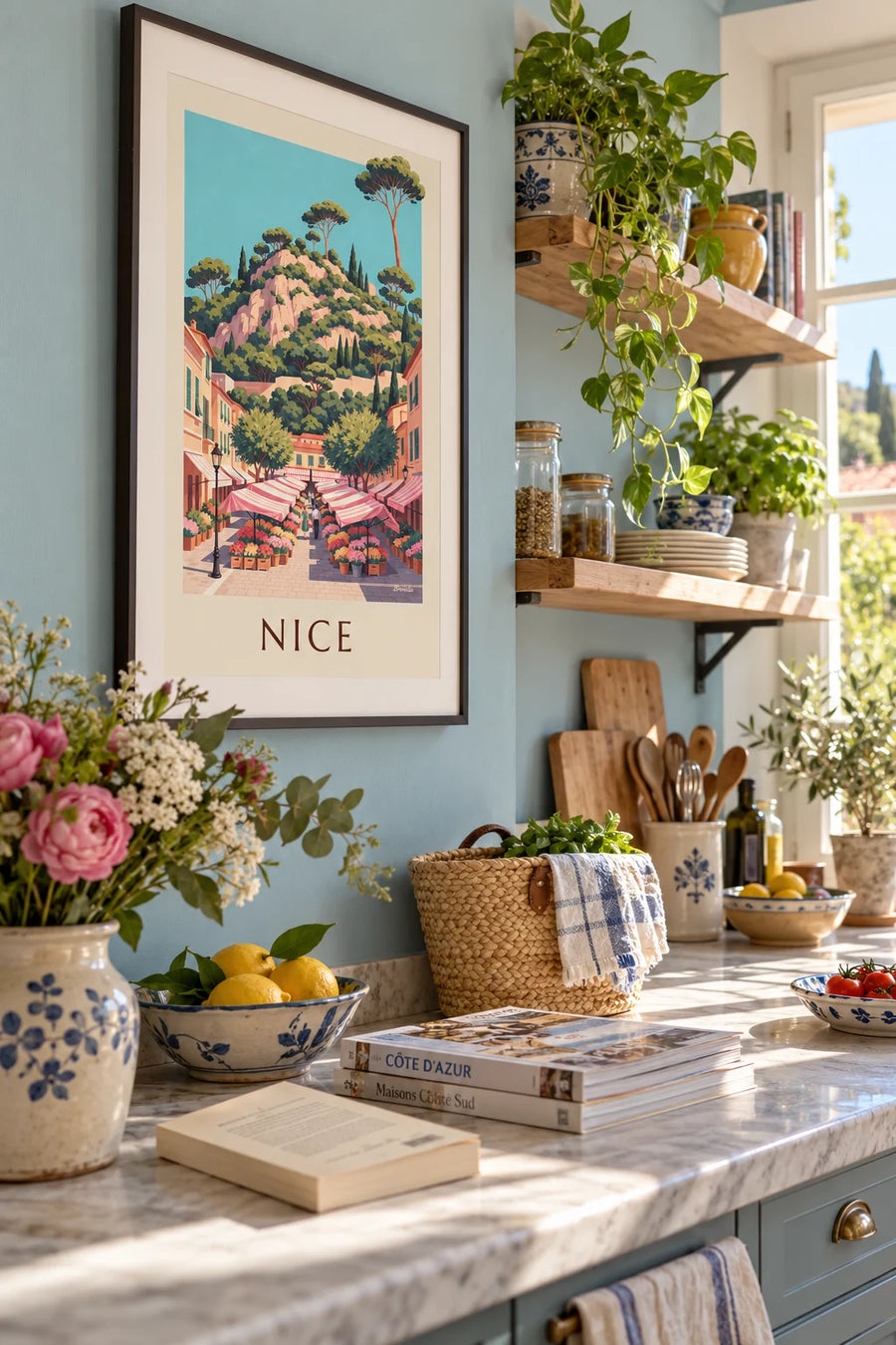 Plakat med blomstermarkedet på Cours Saleya i Nice: indrammet på væggen