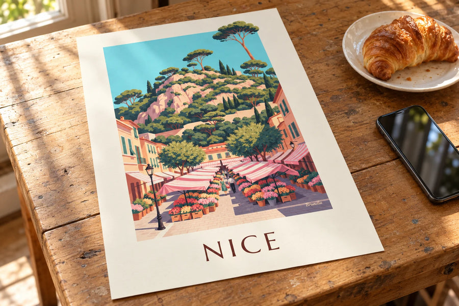 Plakat med blomstermarkedet på Cours Saleya i Nice: stillet på et bord