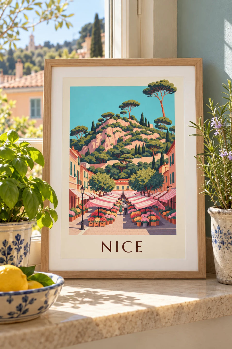 Plakat med blomstermarkedet på Cours Saleya i Nice, lille A4-format i ramme