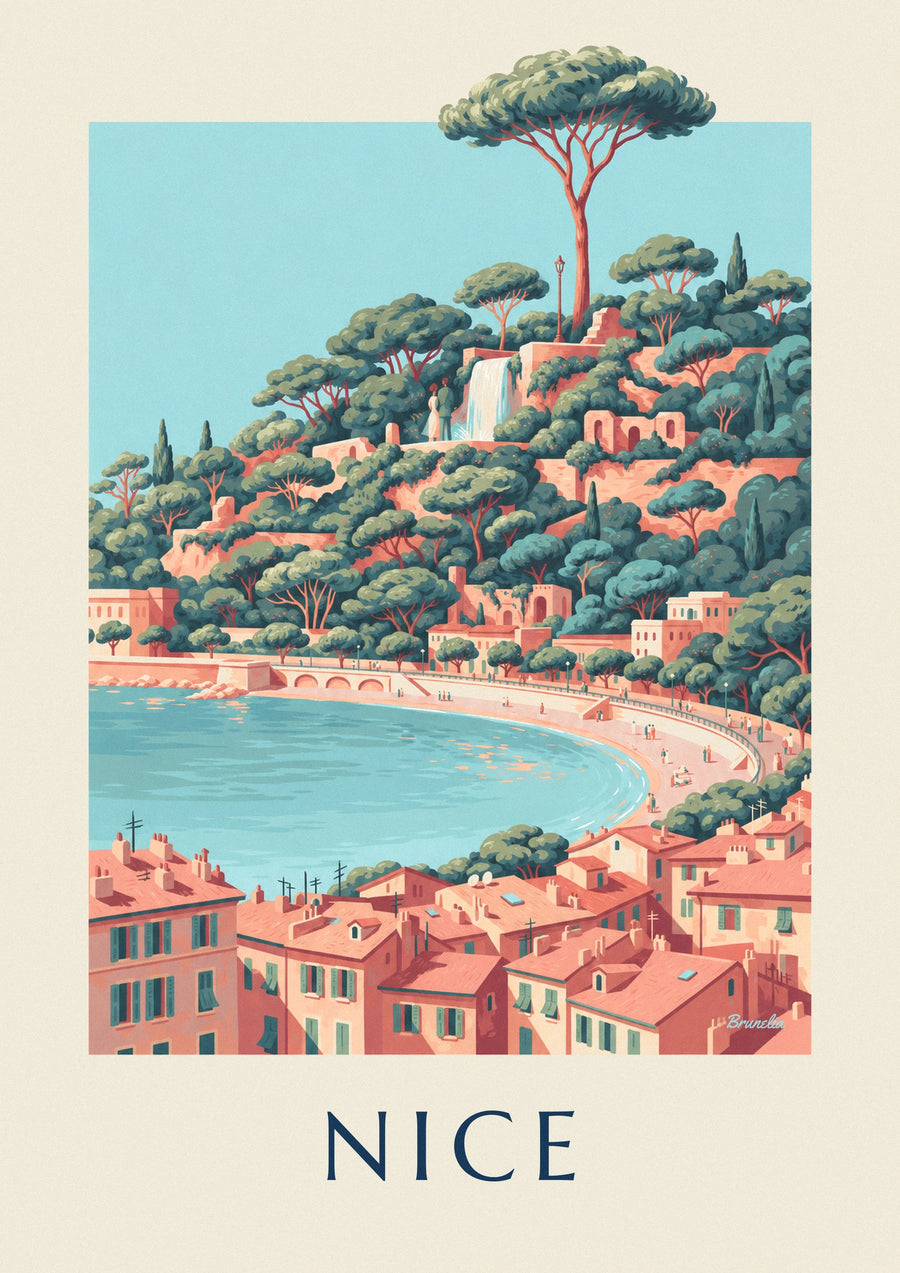 Plakat med vandfaldet på Slotsbakken og Baie des Anges i Nice