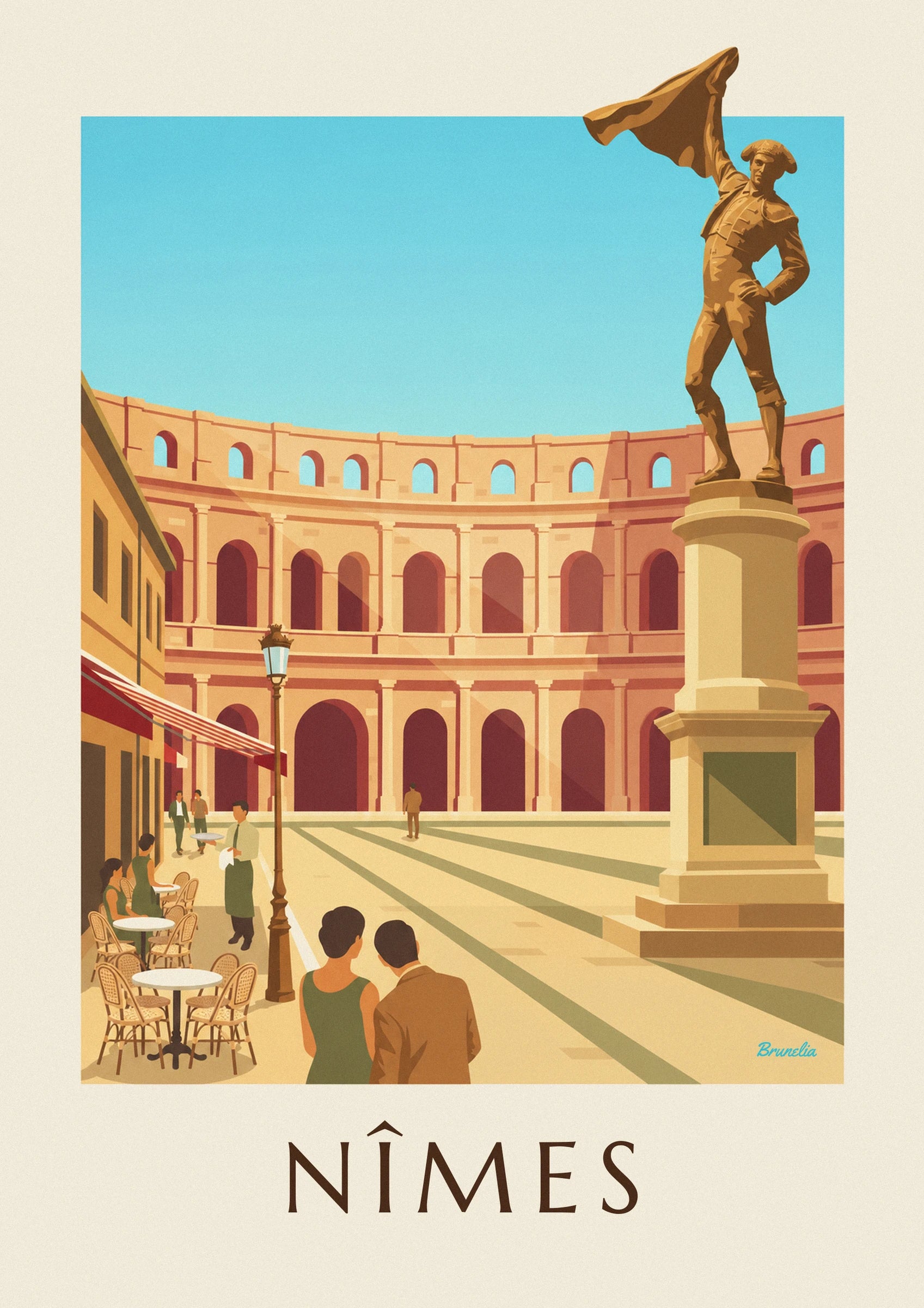 The golden statue of Nimeño II with cape raised in front of the arènes de Nîmes