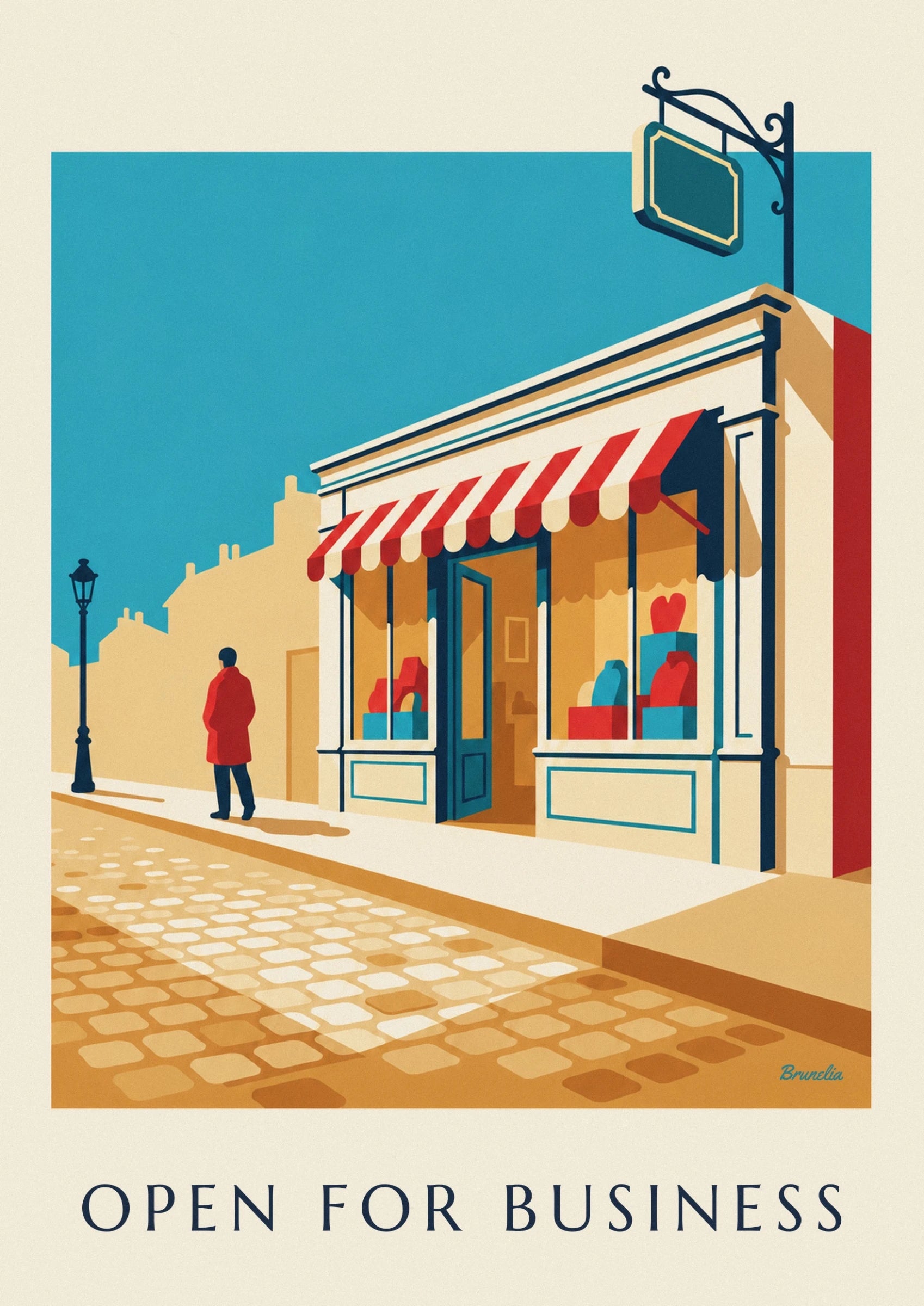 La devanture de l’épicerie, son store rouge et crème et sa porte entrouverte