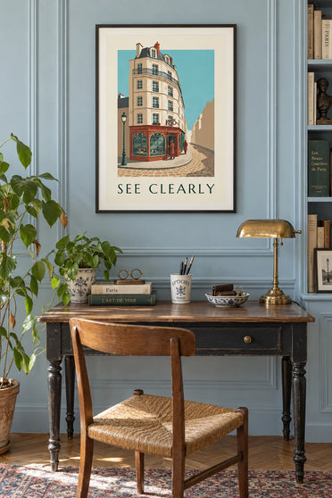 Affiche vitrine de lunettes d'un ancien cabinet d'ophtalmologie : encadrée au mur