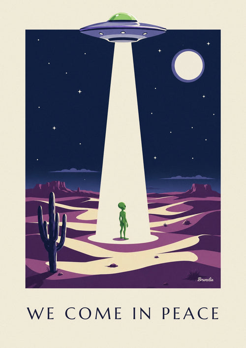 Plakat med UFO, alien og flyvende tallerken i ørkenen: hele plakaten