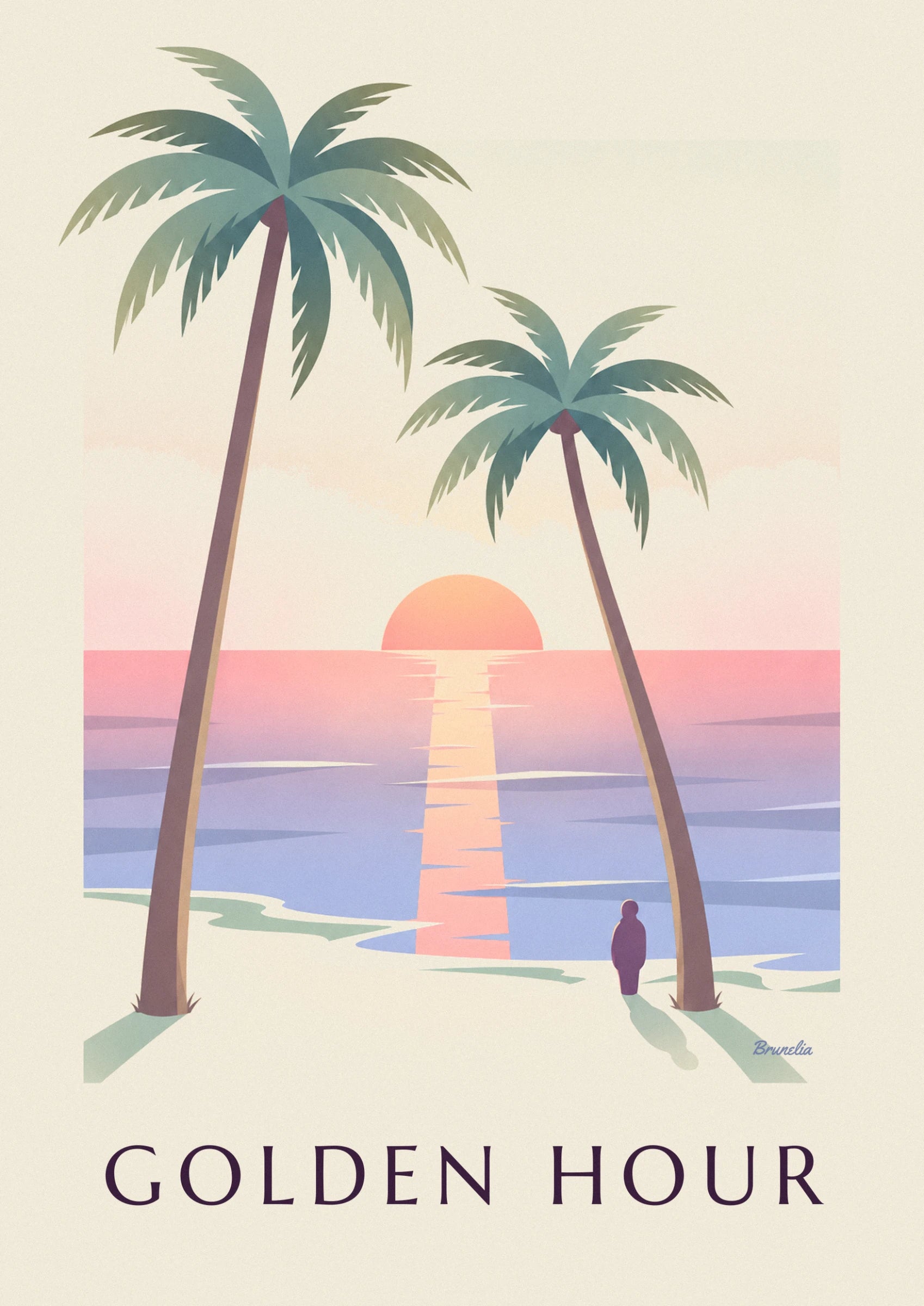 Orange sun setting over the pink and purple sea, with its golden reflection on the water