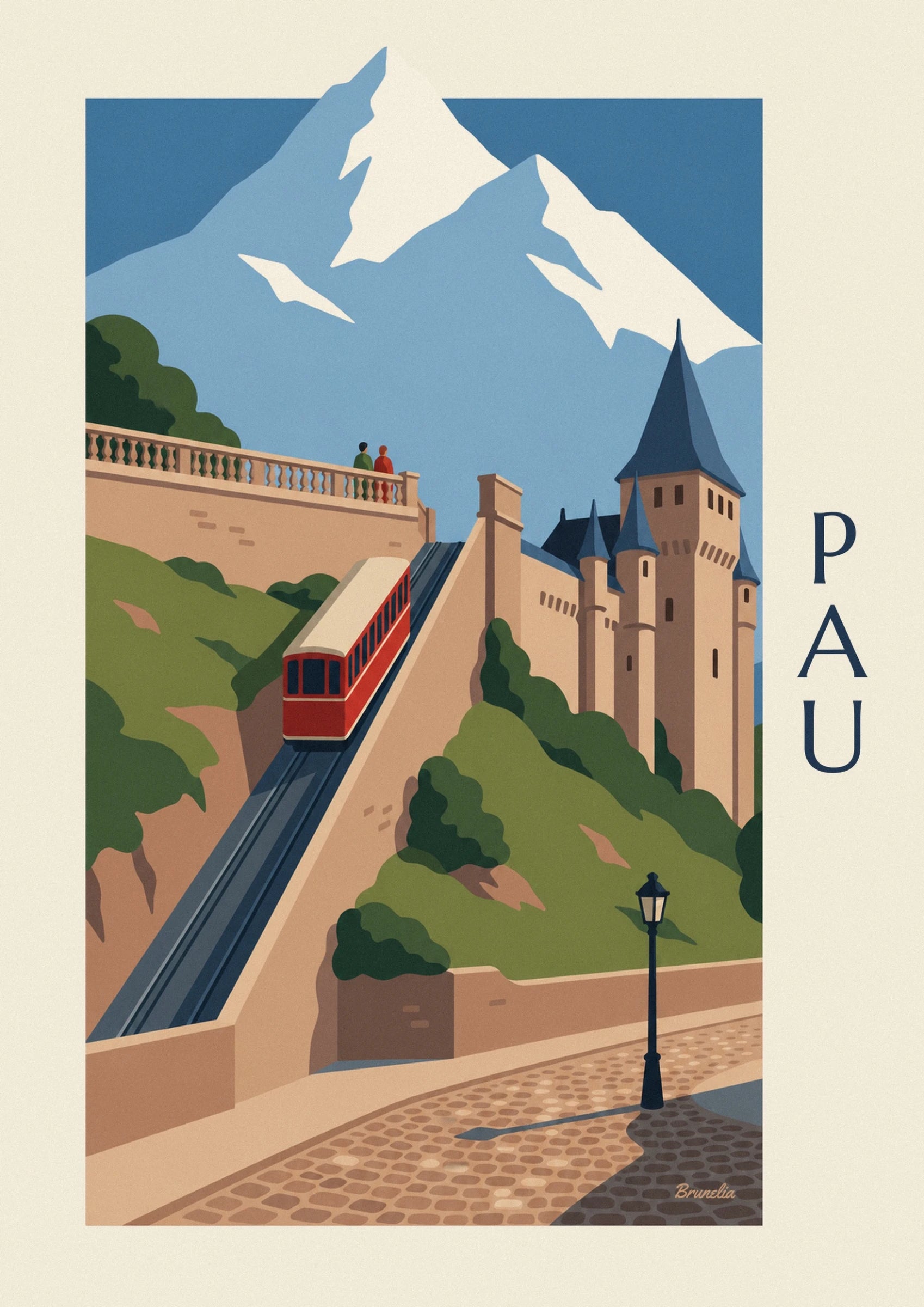 The red funicular with its cream roof on the tracks between ochre walls