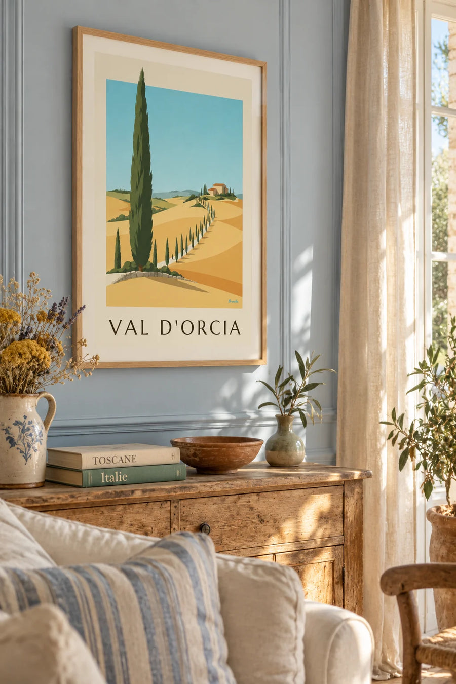 Affiche collines du val d'Orcia et cyprès en Toscane : encadrée au mur