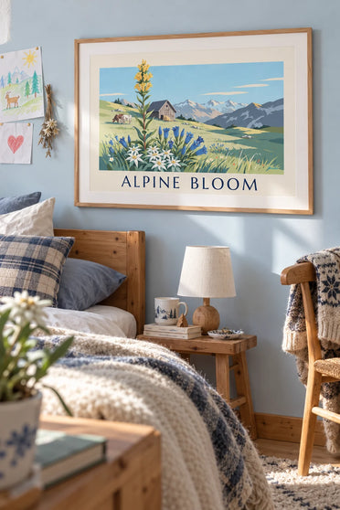 Plakat med edelweiss og ensian på en alpeeng ved foden af bjergene: indrammet på væggen