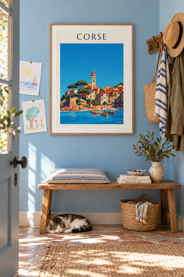 Affiche village côtier corse et son petit port sur la Méditerranée : encadrée au mur