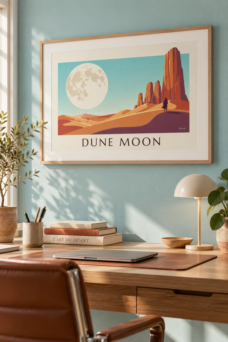 Plakat med science fiction-ørken under en kæmpemåne: indrammet på væggen