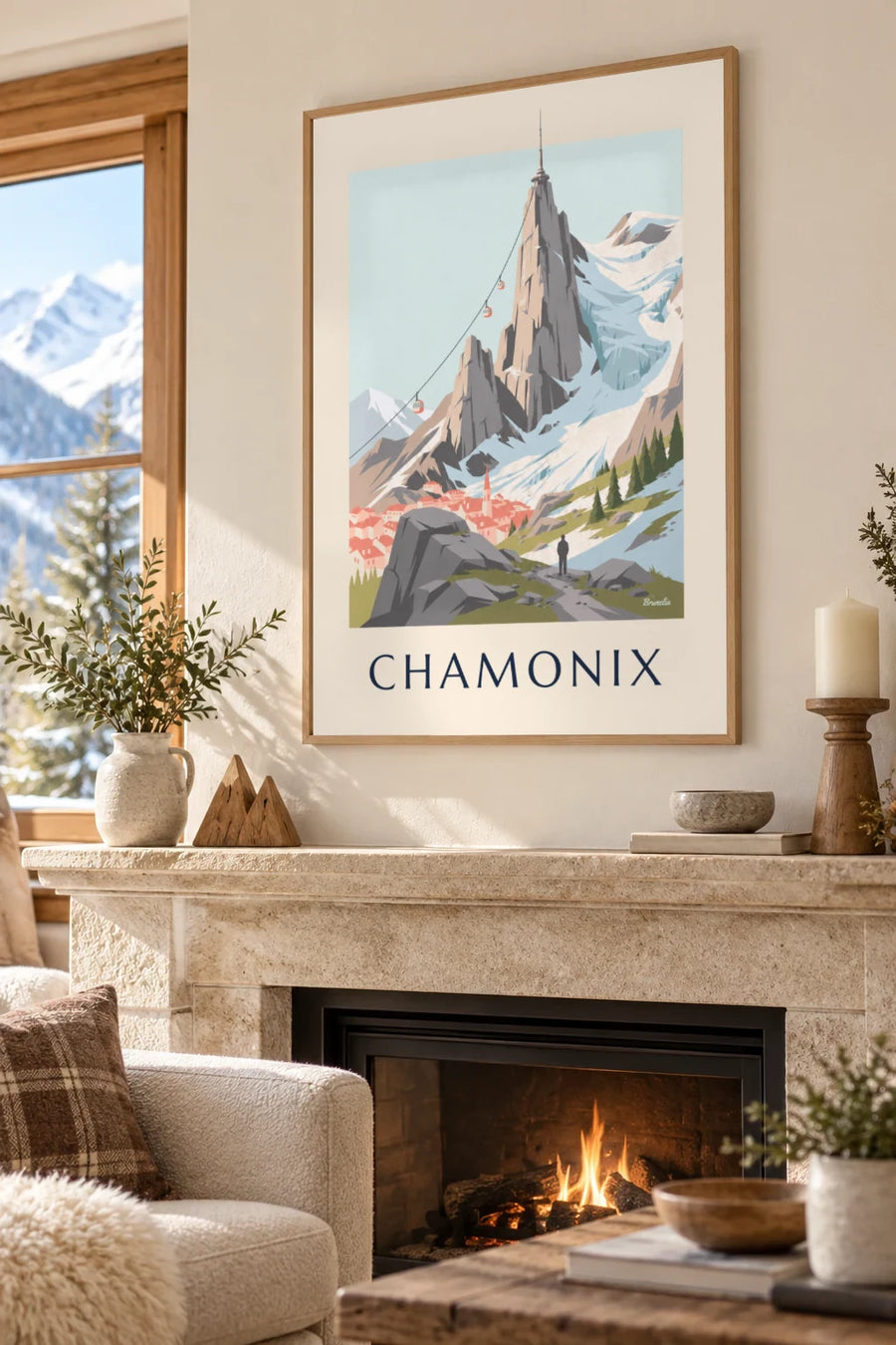Plakat med Aiguille du Midi og svævebanen over Chamonix: indrammet på væggen