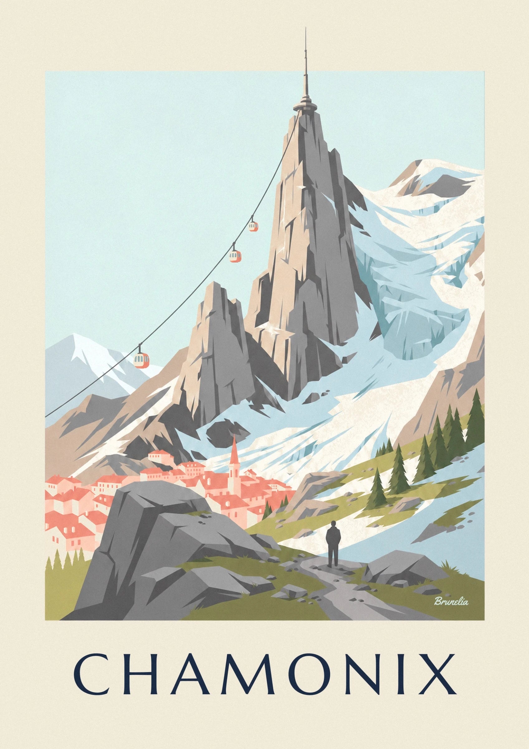 L’aiguille du Midi et sa station au sommet, bordées de 2 cabines de téléphérique