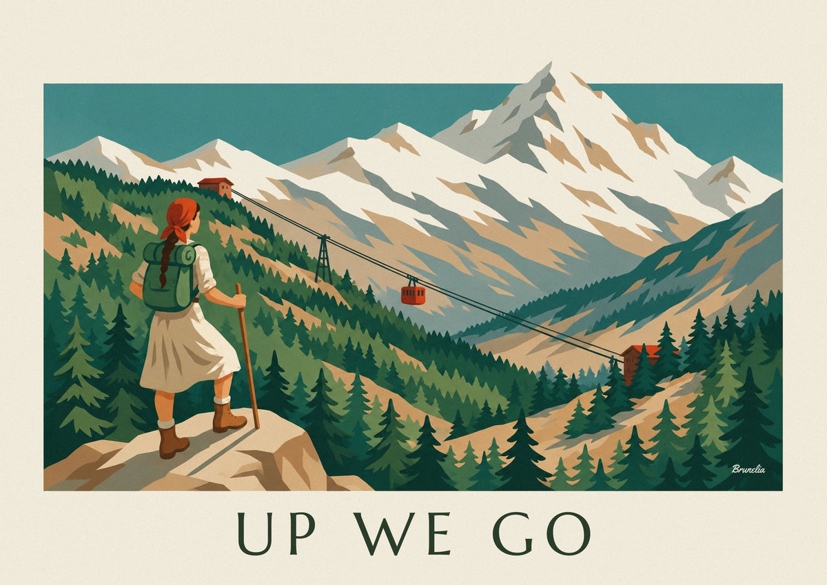 Hiker facing a cable car and snowy mountain poster
