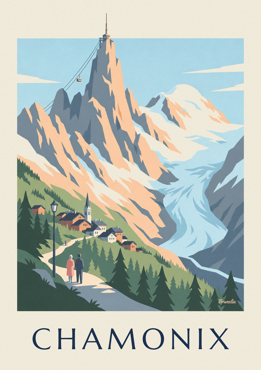 Plakat med Mont Blanc-massivet set fra Chamonix