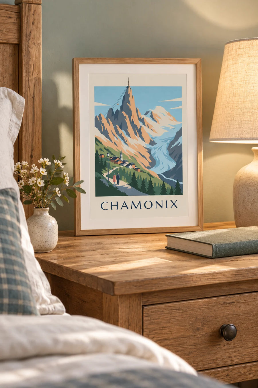 Plakat med Mont Blanc-massivet set fra Chamonix: lille A4-format i ramme