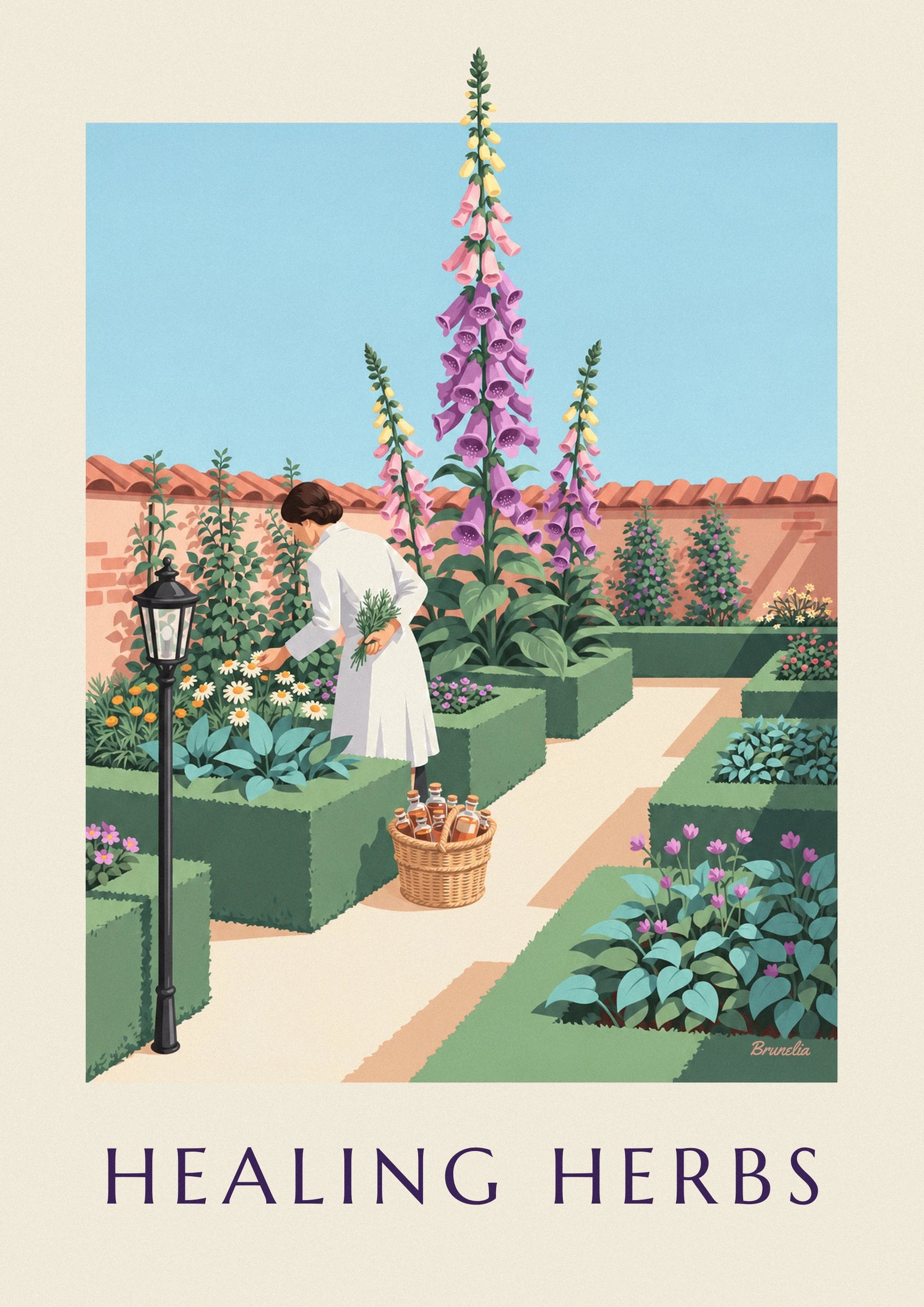 The pharmacist in a white coat picking a daisy, with a bunch of herbs behind her back