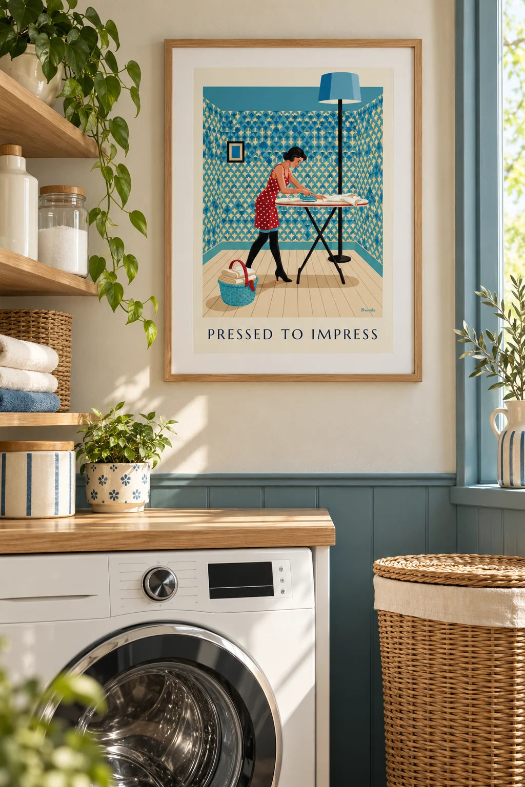 Buanderie : mise en situation de Affiche pin-up repassant une chemise sur sa planche à repasser