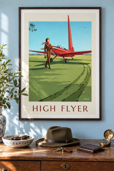 Poster of a female aviator and a red propeller plane on a grass runway: framed on the wall
