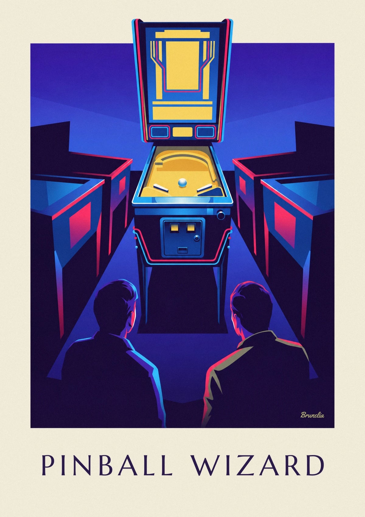 Neon-lit pinball machine in an arcade poster