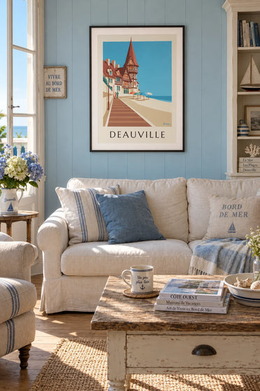 Affiche villas à colombages et parasols de la plage de Deauville : encadrée au mur
