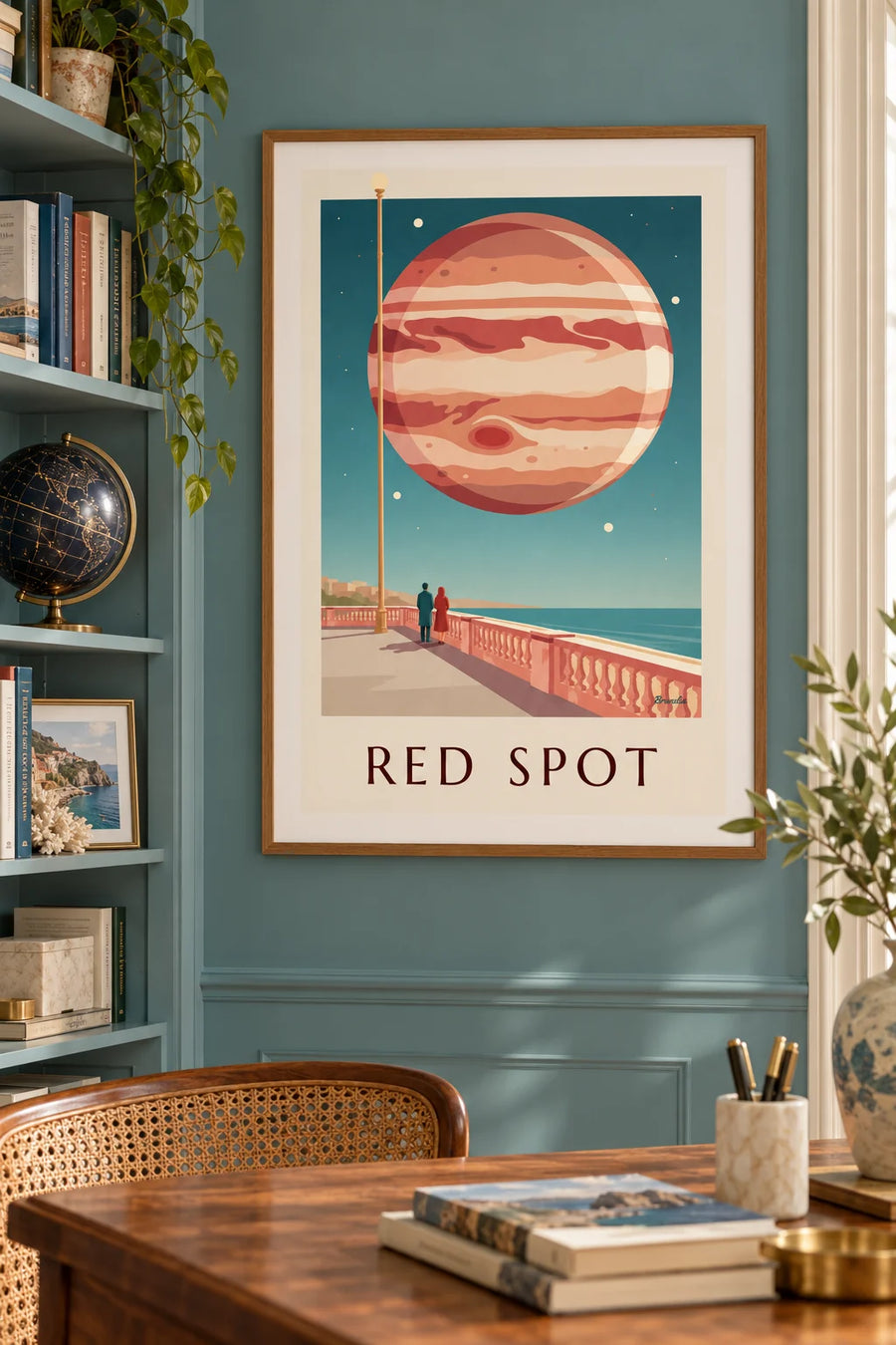 Affiche planète Jupiter et sa grande tache rouge dans le ciel : encadrée au mur
