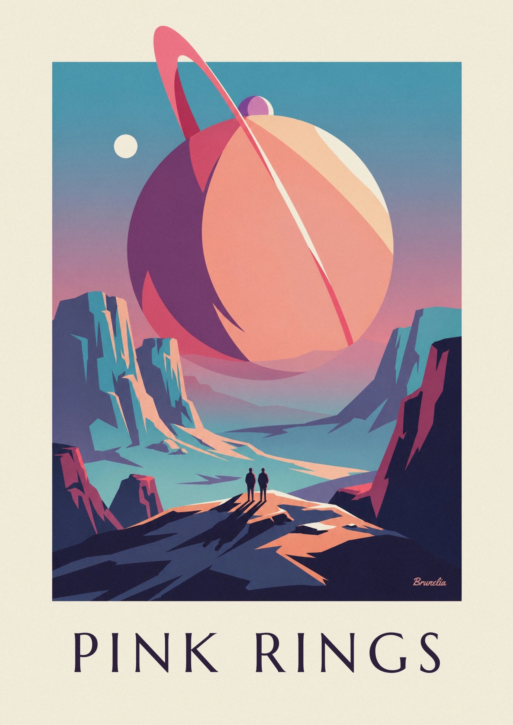 A pink and peach planet encircled by tilted rings against a turquoise background