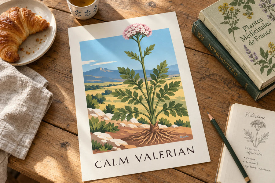 Plakat med lægebaldrian, en lægeplante: på et bord