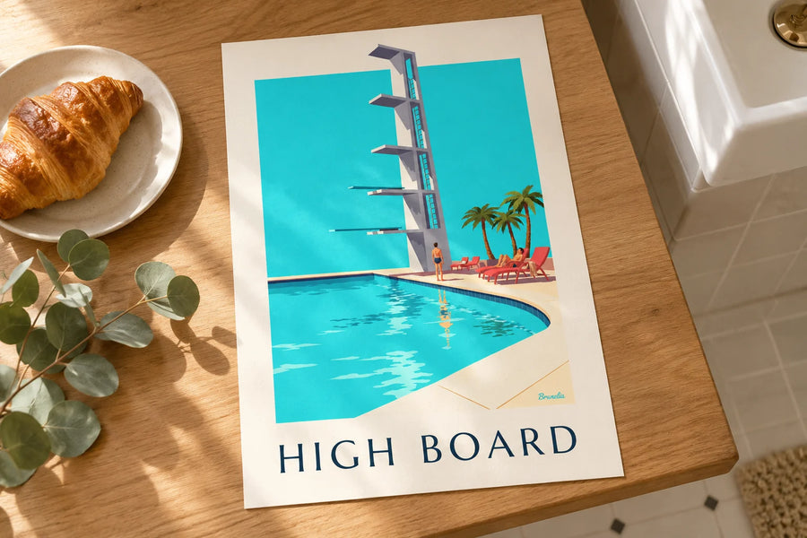 Affiche plongeoir de piscine en plein air sous le soleil : posée sur une table