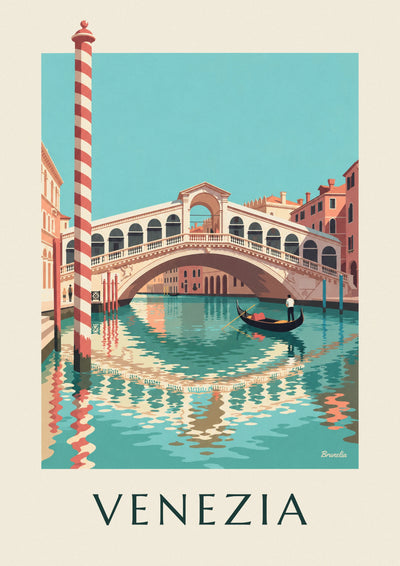 Plakat med Rialtobroen og en gondol på Canal Grande i Venedig: hele plakaten