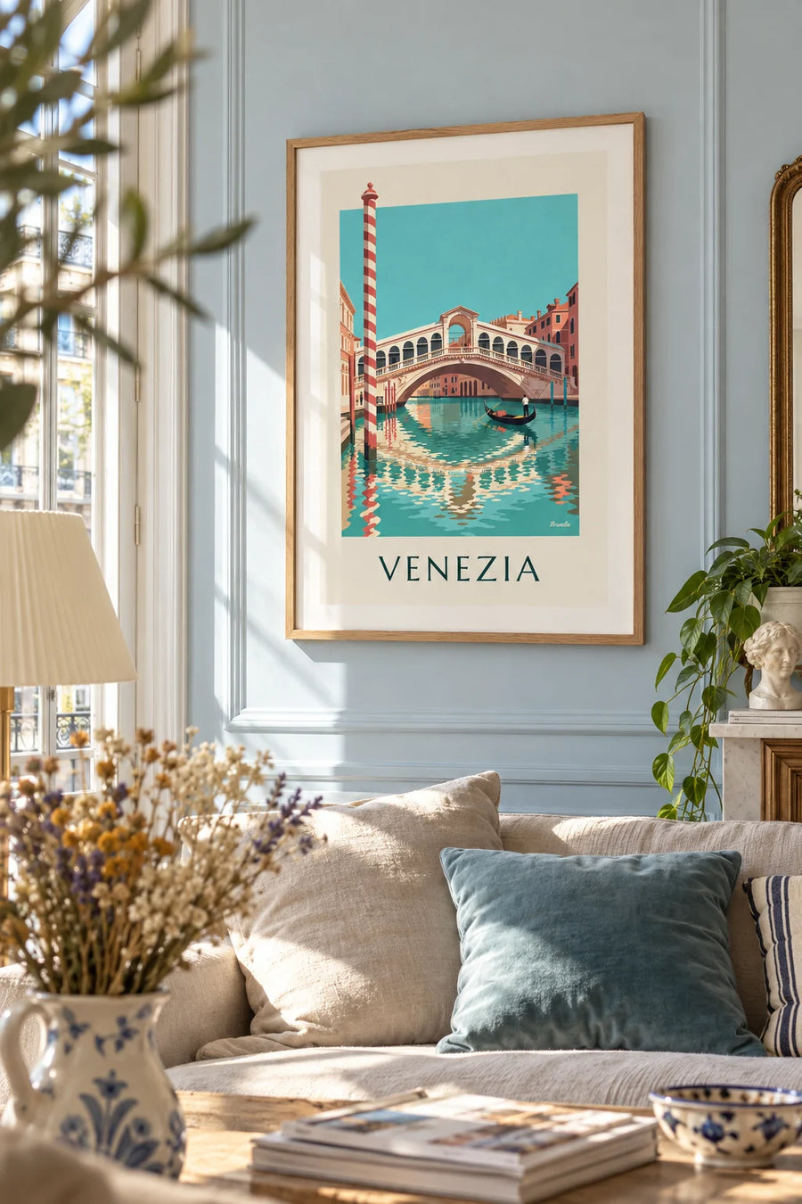 Plakat med Rialtobroen og gondol på Canal Grande i Venedig: indrammet på væggen
