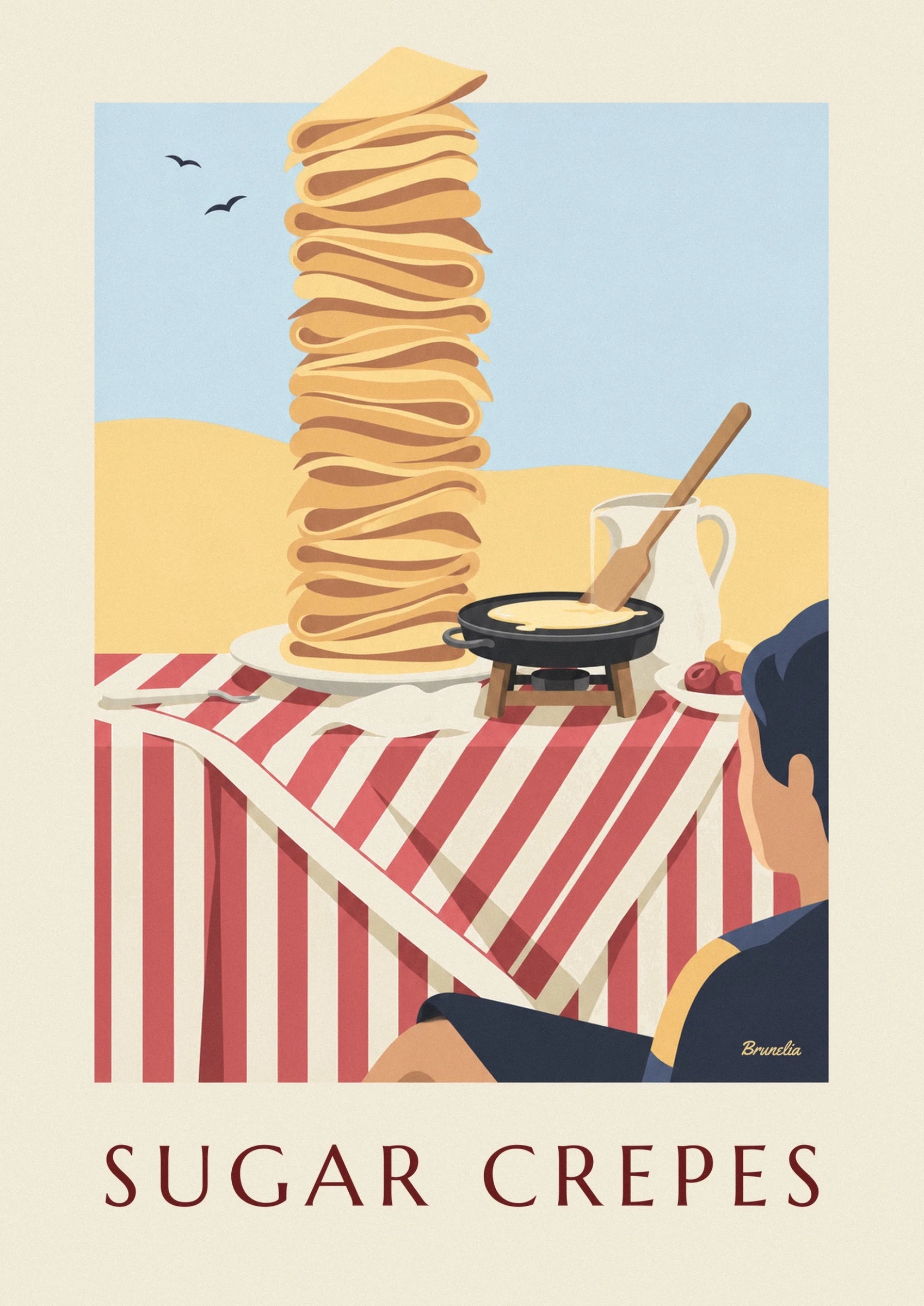 A tall stack of folded crêpes with golden highlights and brown folds