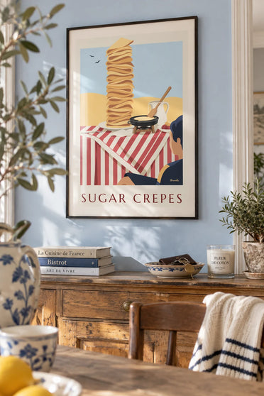 Plakat med crêpes med sukker på crêpejernet: indrammet på væggen