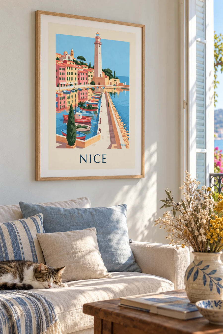 Poster of Nice’s Lympia port and its boats: framed on the wall
