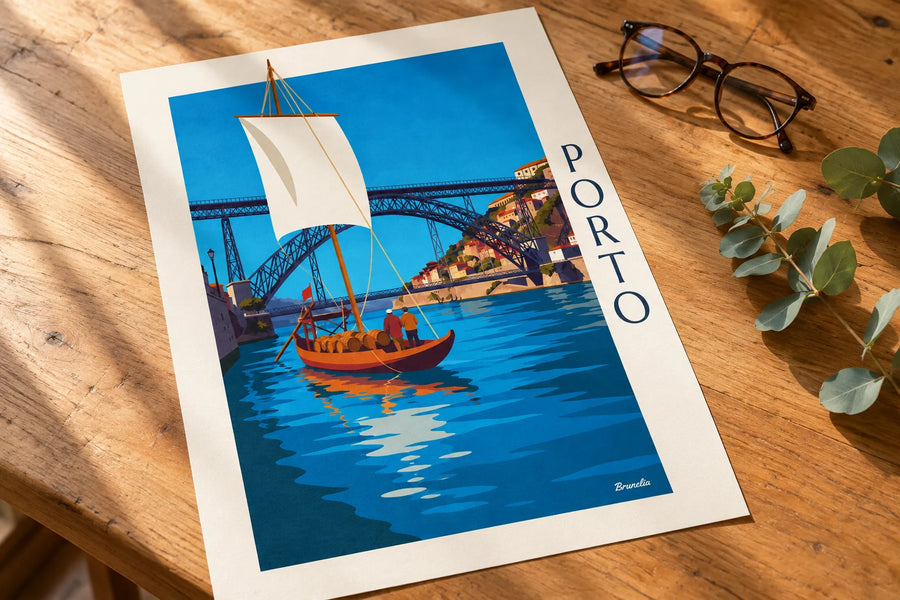 Affiche pont Dom Luís et bateau rabelo sur le Douro à Porto : posée sur une table