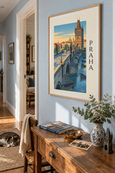 Plakat med Karlsbroen og Prags borg over Vltava, indrammet på væggen