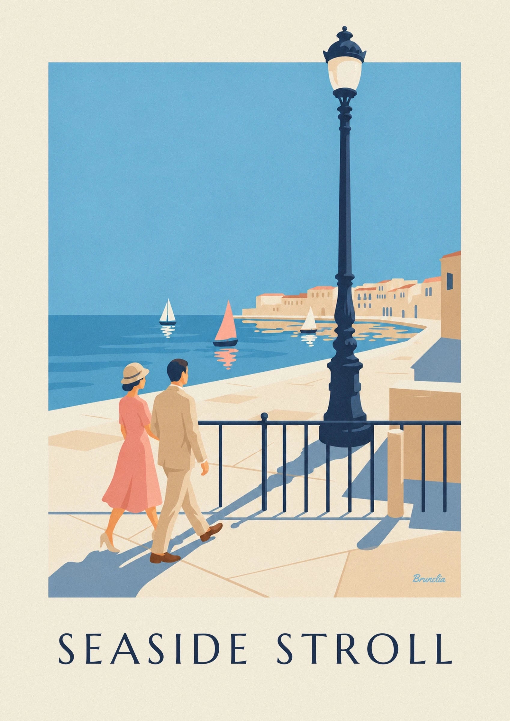 Le couple en robe corail et costume beige, en promenade sur le quai ensoleillé