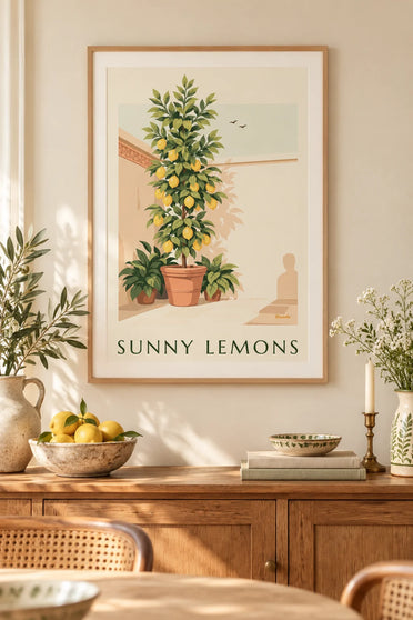 Plakat med citrontræ i terrakottakrukke og grønne planter: indrammet på væggen