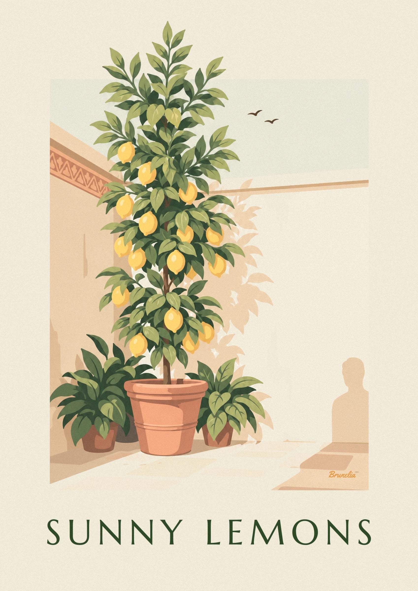 The yellow lemons among the lemon tree’s olive green leaves and brown branches