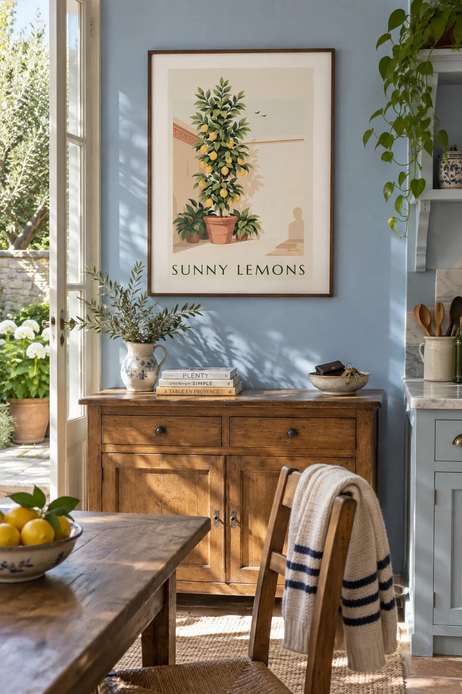Poster of a lemon tree in a terracotta pot and green plants: framed on the wall