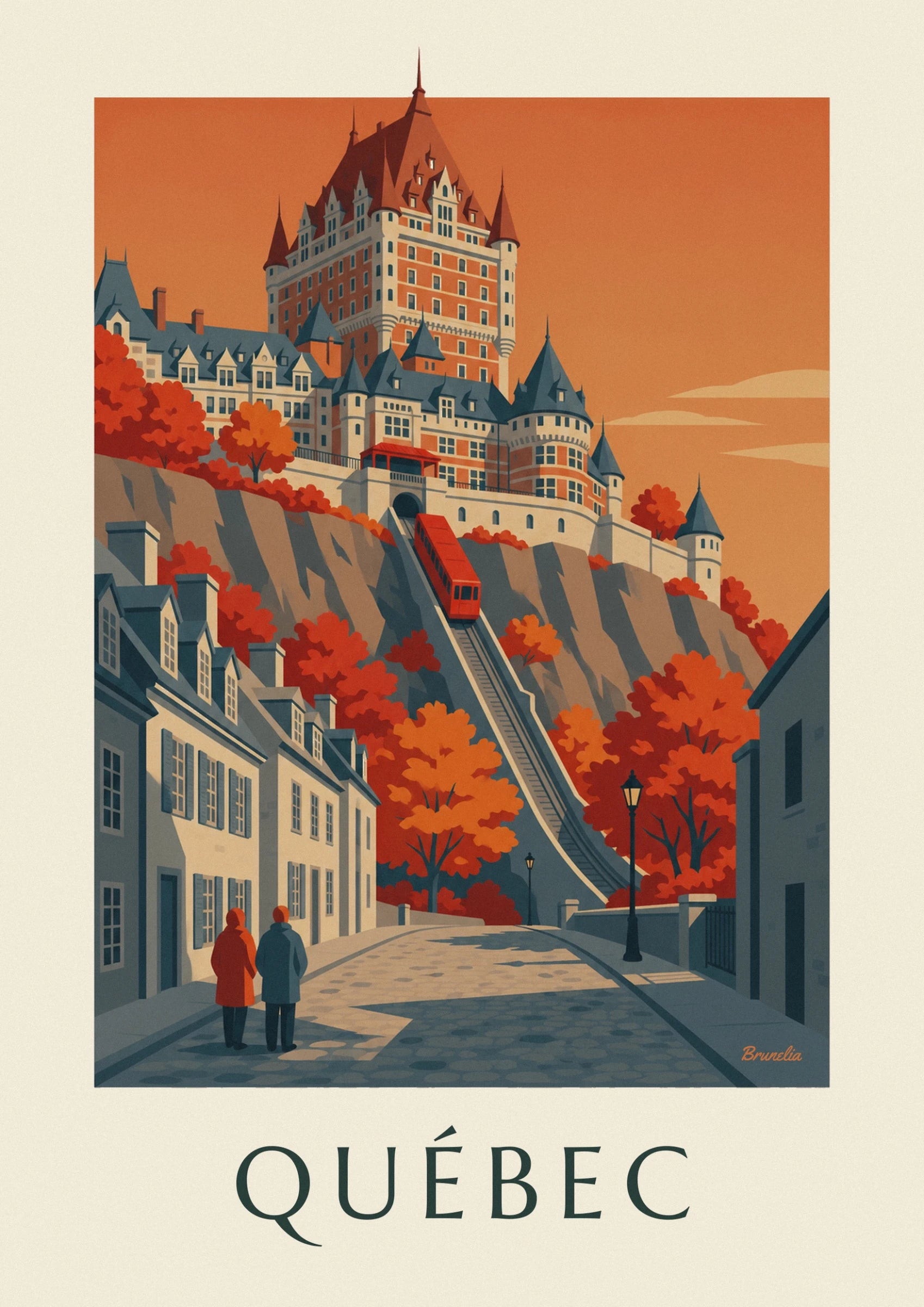 Le Château Frontenac aux toits pointus, entre feuillages orangés et ciel cuivré
